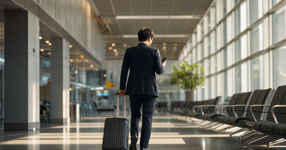 A young professional pulling a carry-on suitcase through a bright airport terminal, dressed in business attire, looking at directions on their phone with