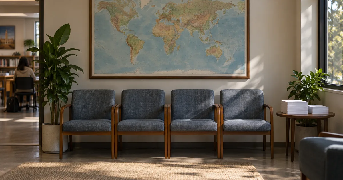 A university international student office waiting area at midday, a row of upholstered chairs beneath a large framed world map, a side table holding neat