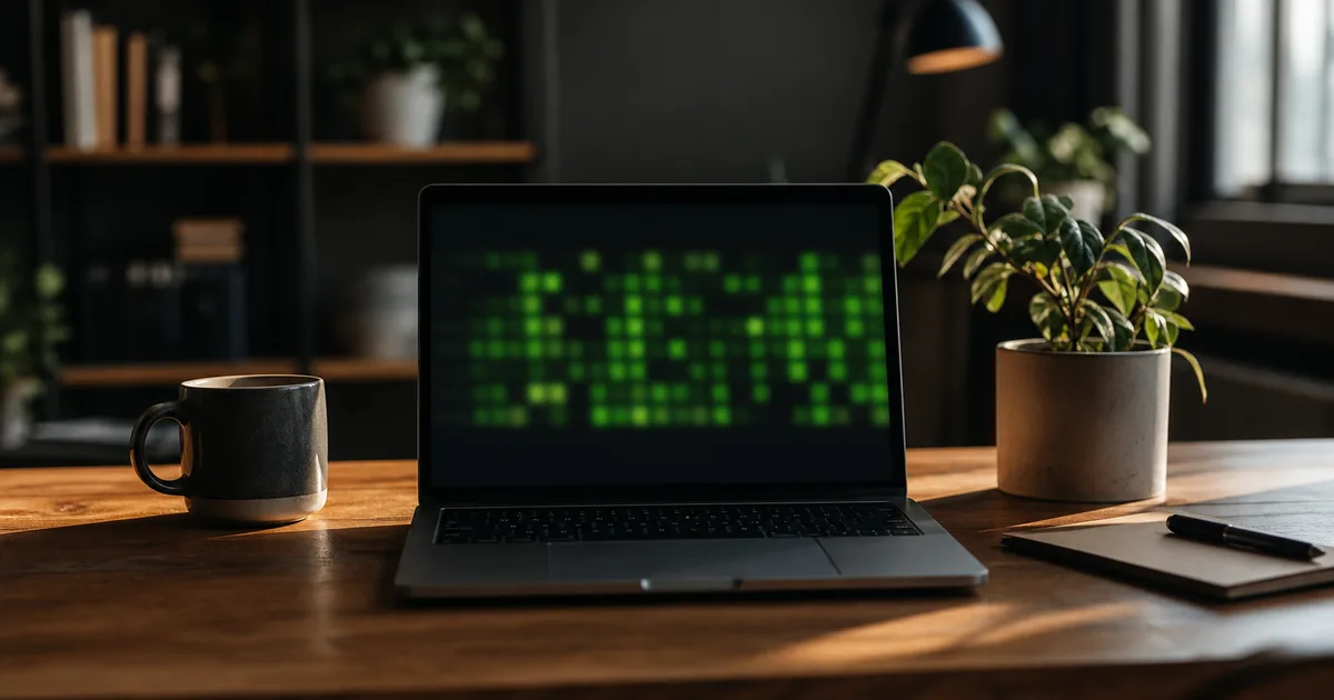 A developer desk with a laptop showing a blurred green contribution-grid pattern, a mug and a plant, warm focused light, no readable text, no people