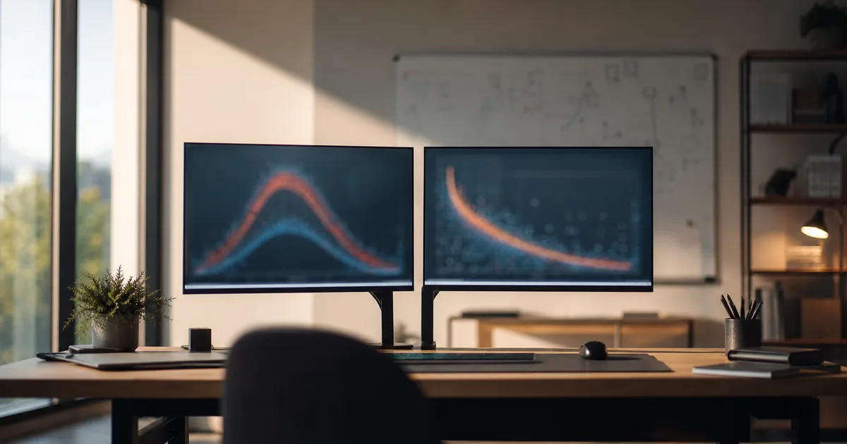 An analyst office with dual monitors showing soft blurred optimization charts, a whiteboard with faint diagrams, clean light, no readable text, no people