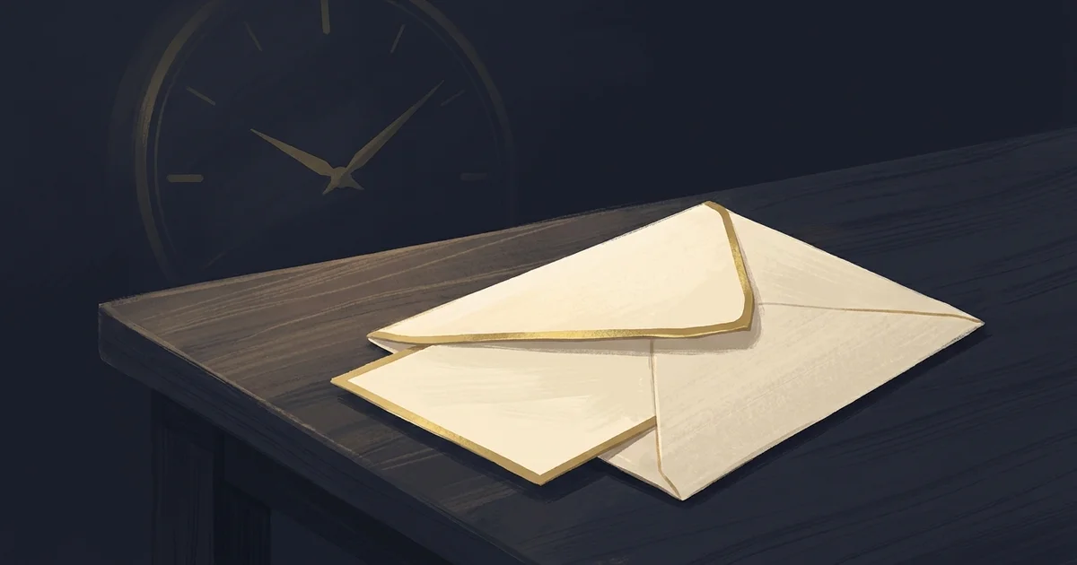 A half-opened envelope with a card peeking out, with a clock face fading into the background.