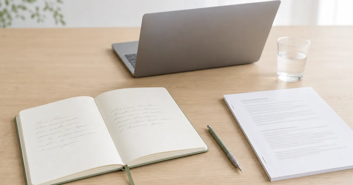 An open notebook and a laptop on a bright desk, a short handwritten paragraph on the page beside a printed course syllabus, calm daylight, no people