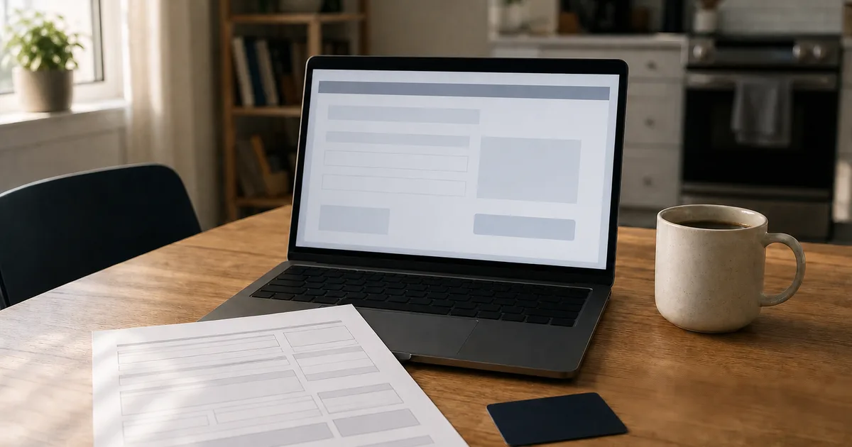 A university student reviewing paperwork at a wooden desk with a laptop open beside them, natural window light in the background