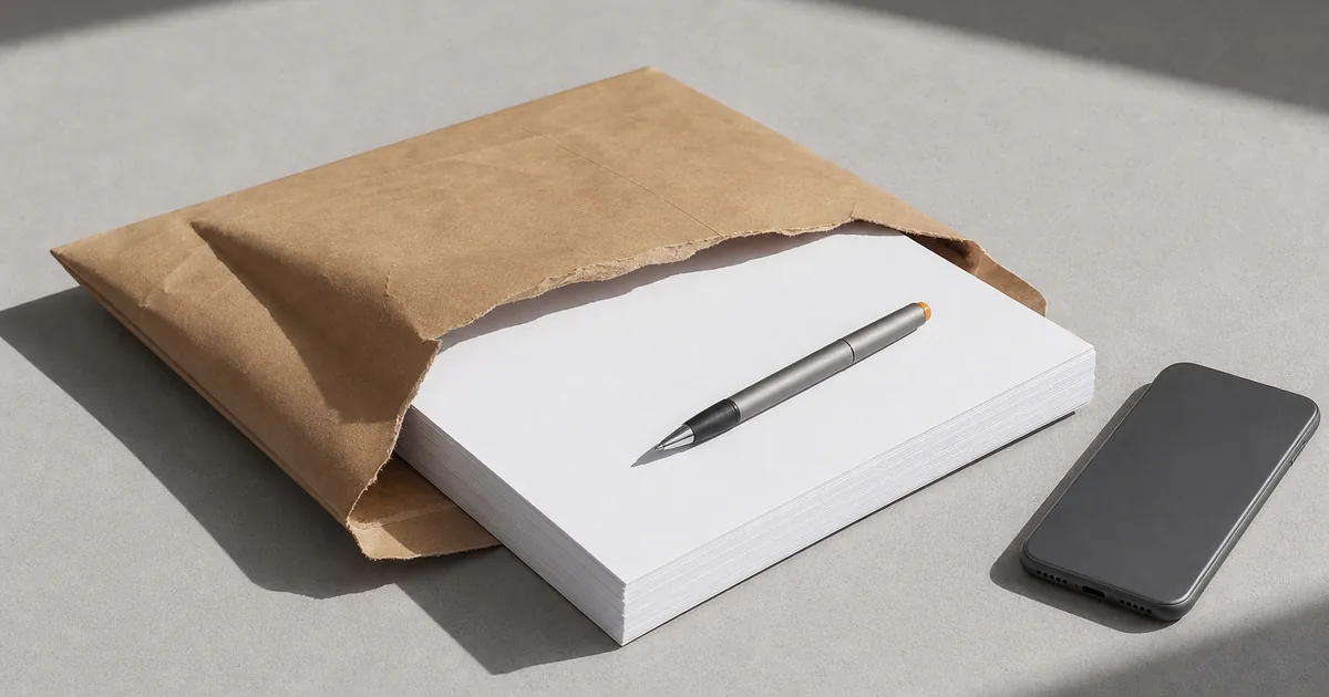 A returned mailing envelope lying opened on a desk beside a stack of paperwork and a phone face-down, harsh midday light casting a hard shadow across the table