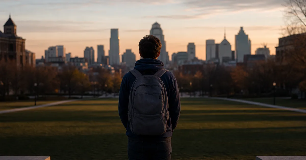 A student standing at the edge of a university campus quad at dusk, looking toward a distant city skyline of office towers, photographed from behind at a