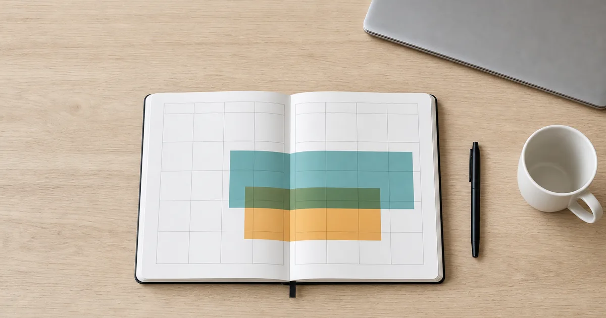 A weekly planner open on a desk with two overlapping blocks of colour shading part of the week, a laptop and a coffee beside it, soft daylight, no people