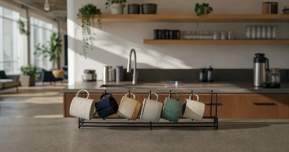 A shared coworking kitchenette at midmorning, an empty counter and a row of mismatched mugs drying on a rack