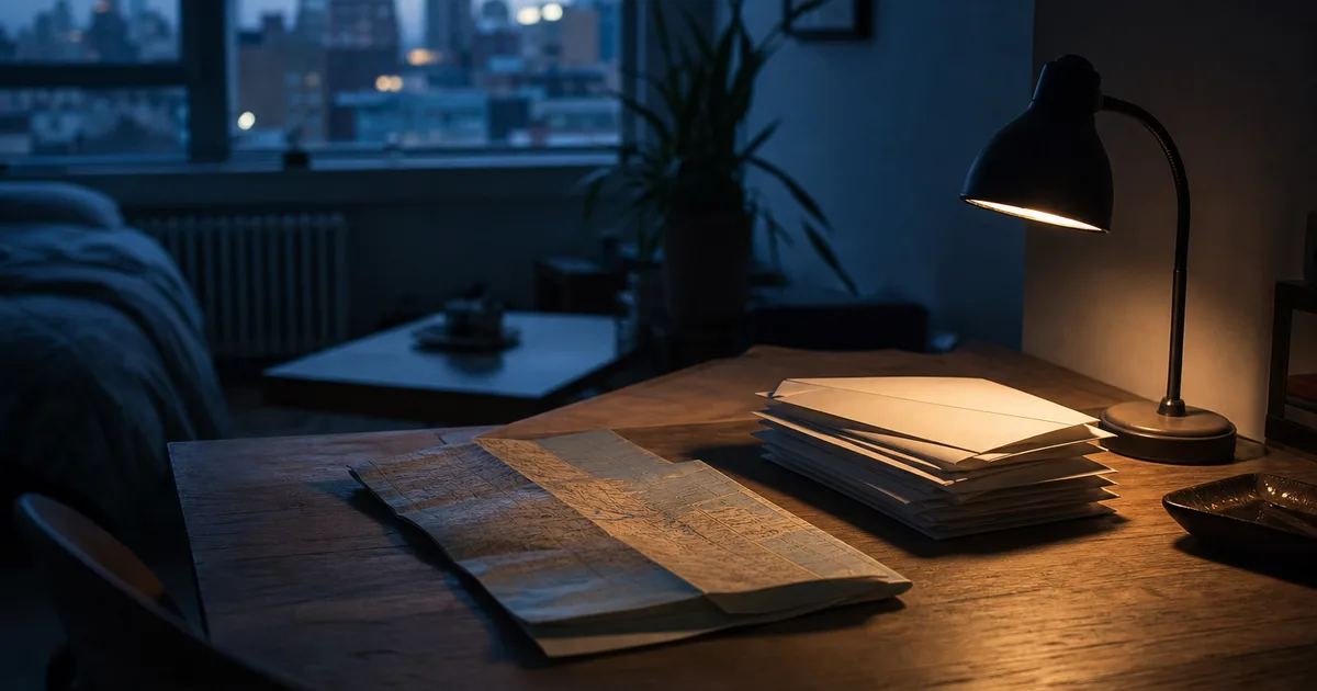 A studio apartment desk at blue hour, a stack of unopened envelopes beside a small lamp and a folded paper map