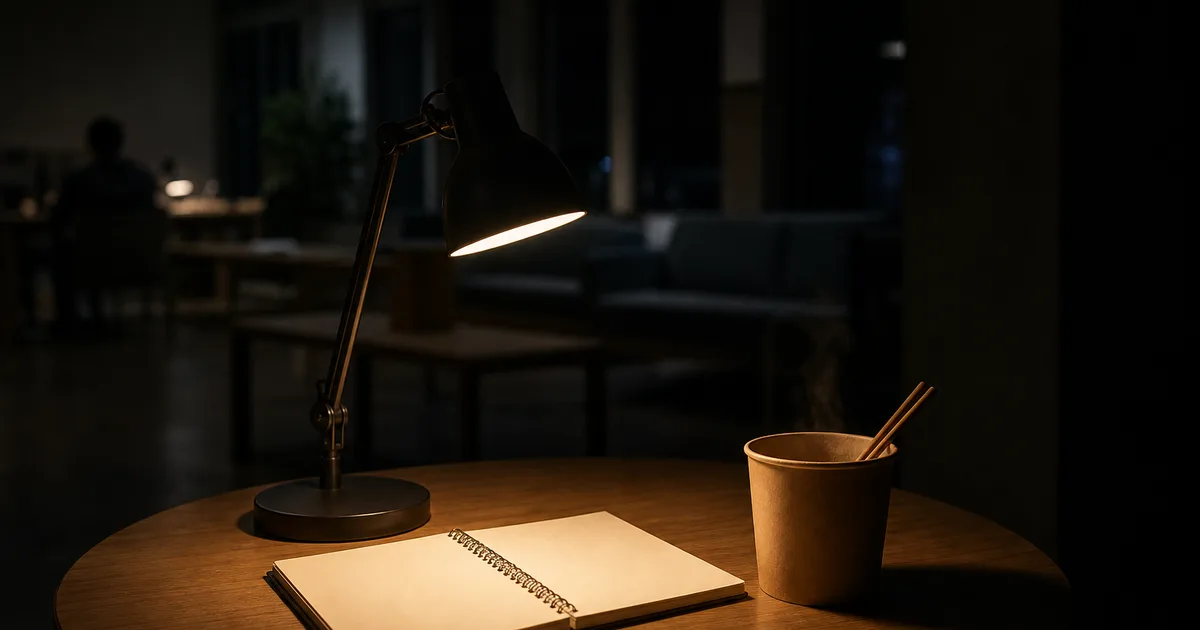 A postgraduate dorm common room at night, a single desk lamp lighting a notebook beside a cooling cup of instant noodles