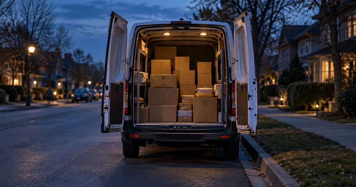 A courier van parked at the curb of a quiet residential street at blue hour, its rear doors open on neatly stacked express parcels with no visible labels