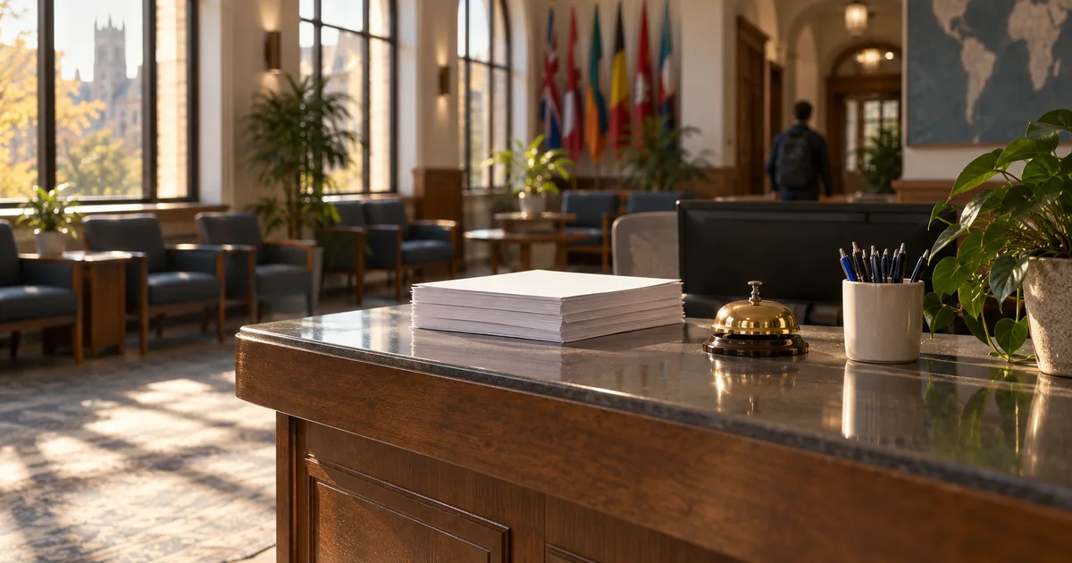 A university international student services counter at early morning, a tidy stack of blank forms beside a brass desk bell and a cup of pens, empty waiting