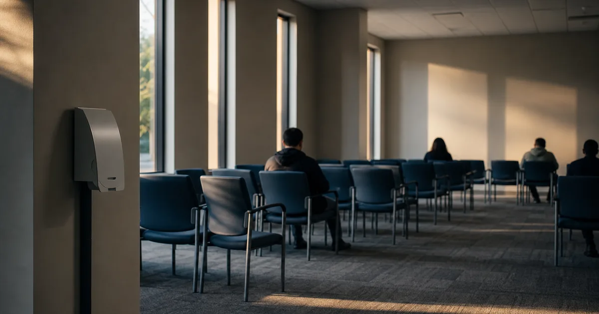 A young woman sitting at a government service counter reviewing documents with a USCIS officer in a bright federal office building