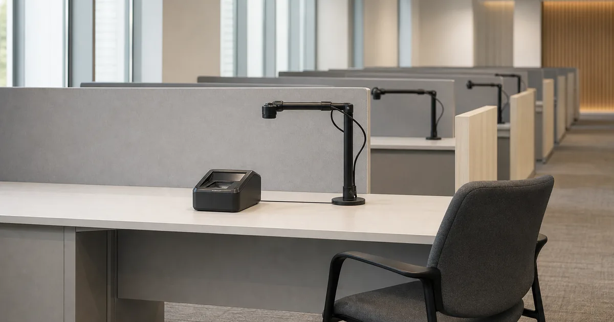 A quiet federal services office interior with a digital fingerprint scanner and camera station on a clean counter, soft daylight through tall windows