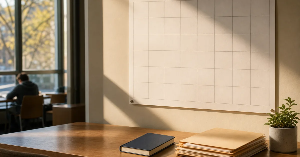 A student mapping visa milestones and filing deadlines across a wall calendar in a university study room