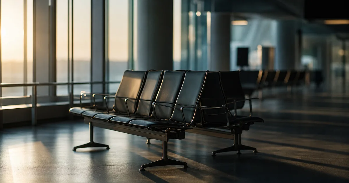 A quiet airport arrivals hall at early morning, rows of empty seats and long shadows cast by tall windows