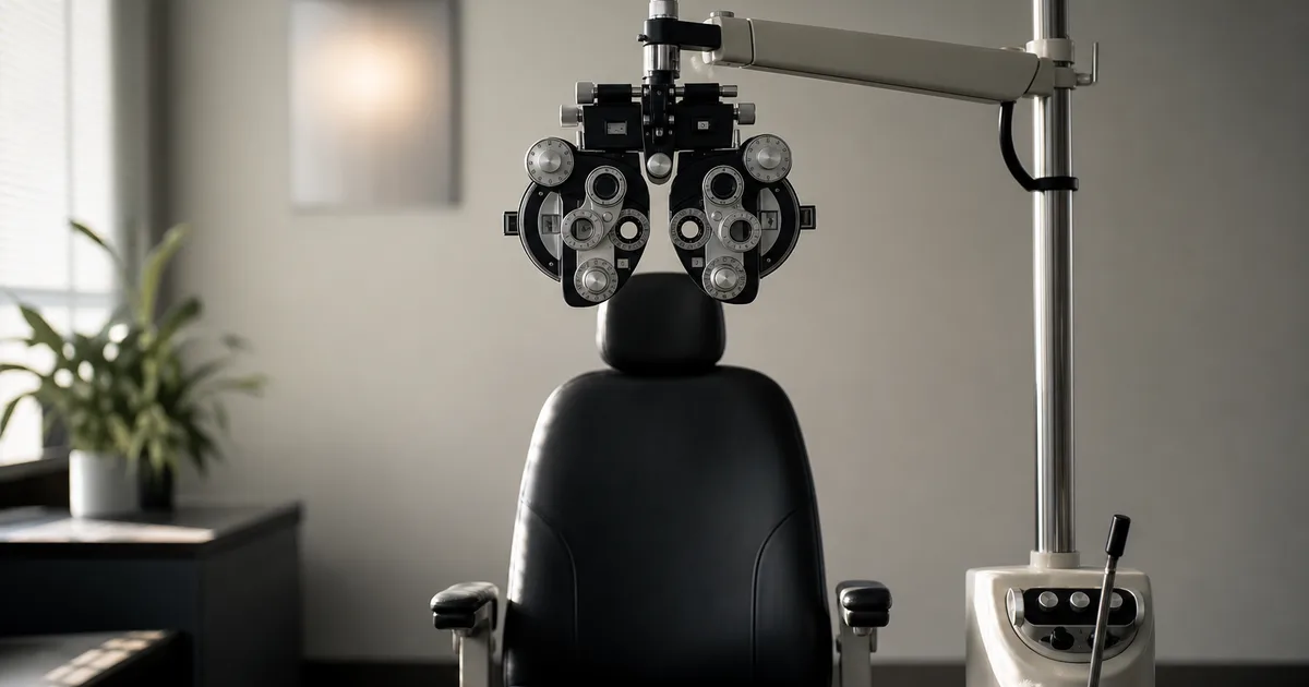 An optometry exam room with a phoropter, an empty patient chair, an eye chart on the far wall slightly out of focus, calm clinical light