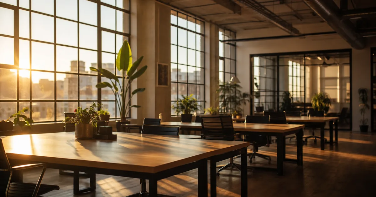 A shared coworking loft at golden hour, warm light streaming low across empty desks and a wall of large windows