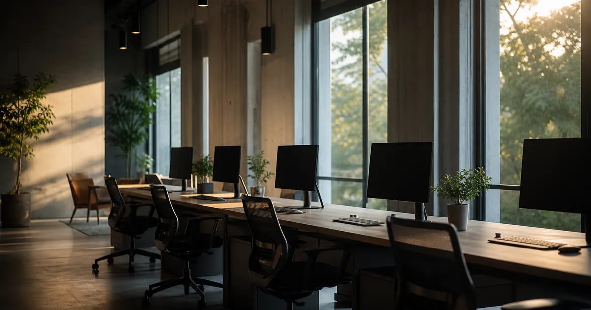 A quiet co-working space at early morning, a row of unoccupied desks and monitors turned off beside a sunlit window