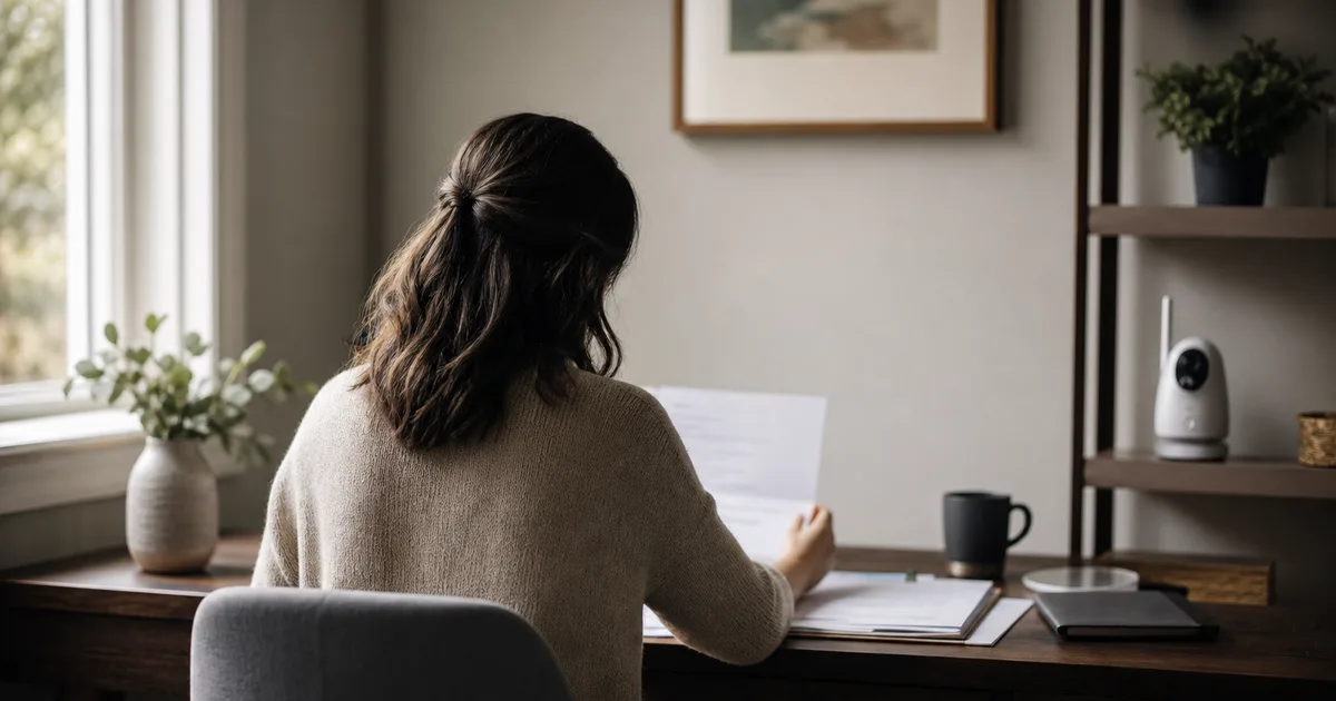 A professional reviewing documents at a home desk with soft natural light coming through a window, a baby monitor visible nearby on the shelf
