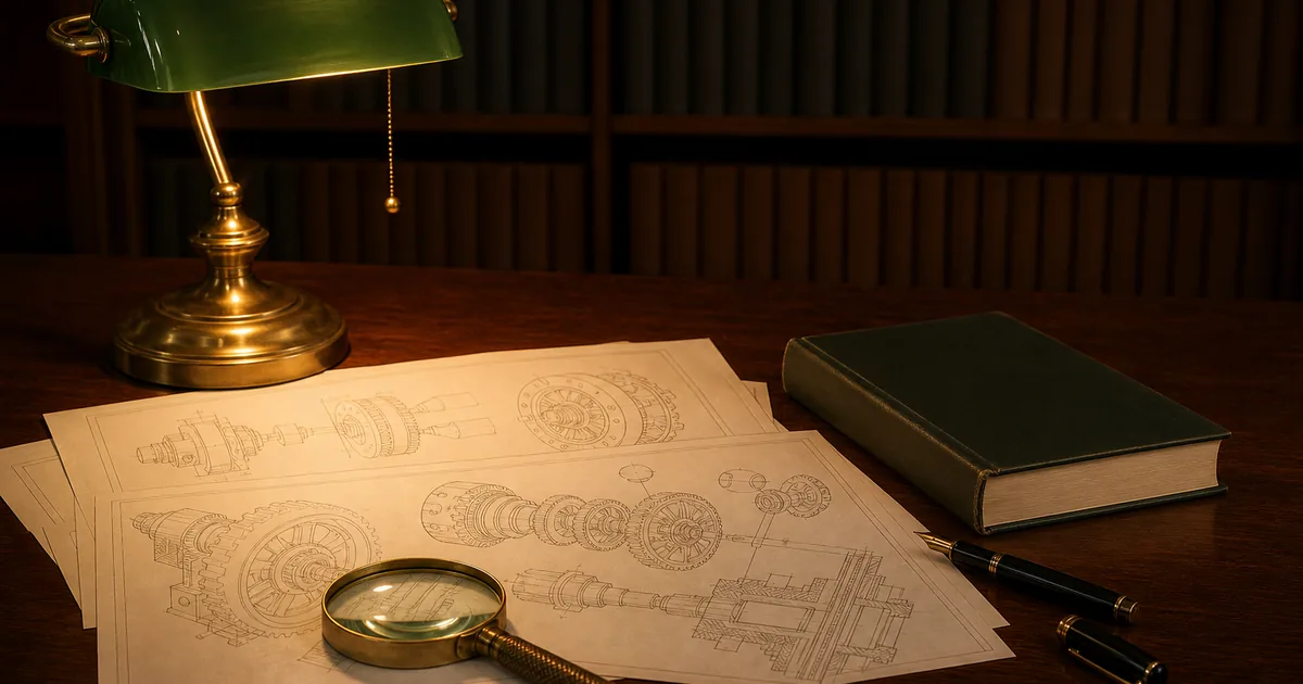 A law-office desk with technical drawings, a science reference book and a fountain pen under a green shaded lamp, warm evening light, no readable text