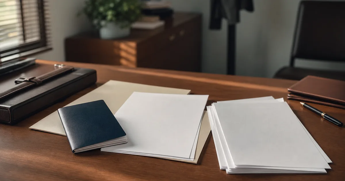 A neatly organized set of official documents — passport, employment letter, I-797 approval notice, and supporting papers — arranged on a clean office desk