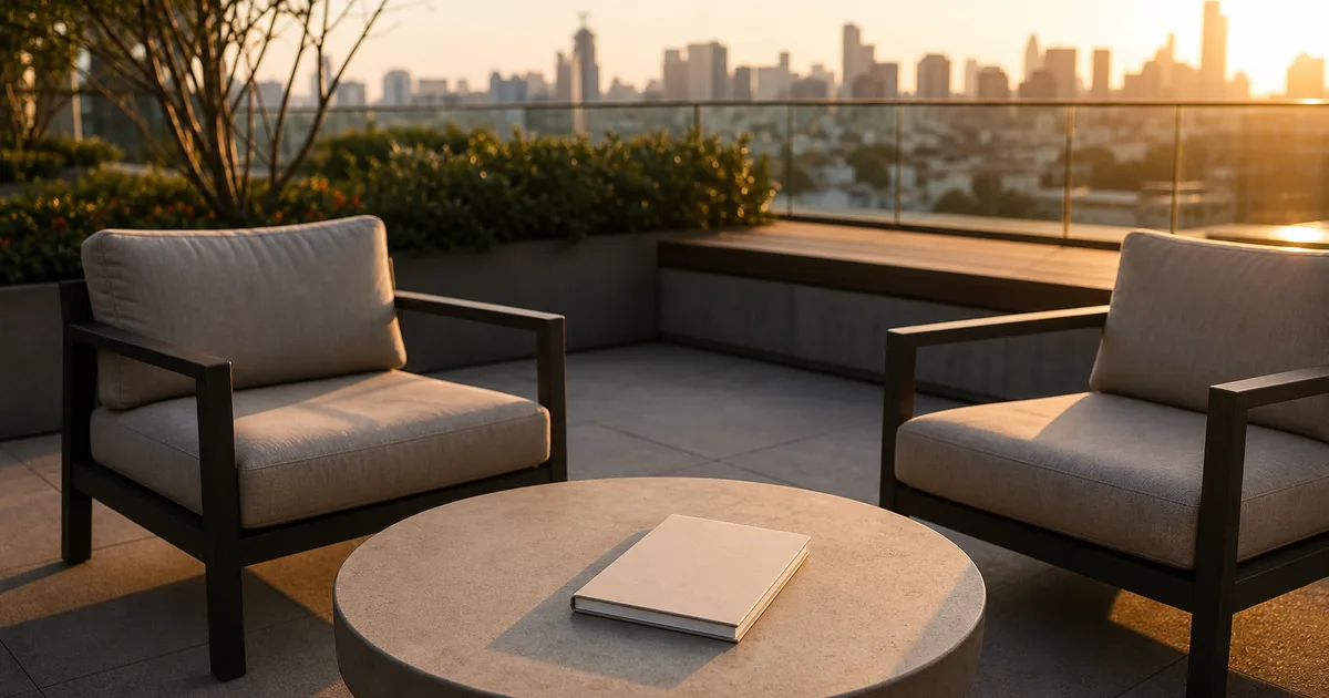 A golden-hour rooftop coworking terrace, empty lounge chairs beside a low table with a closed notebook