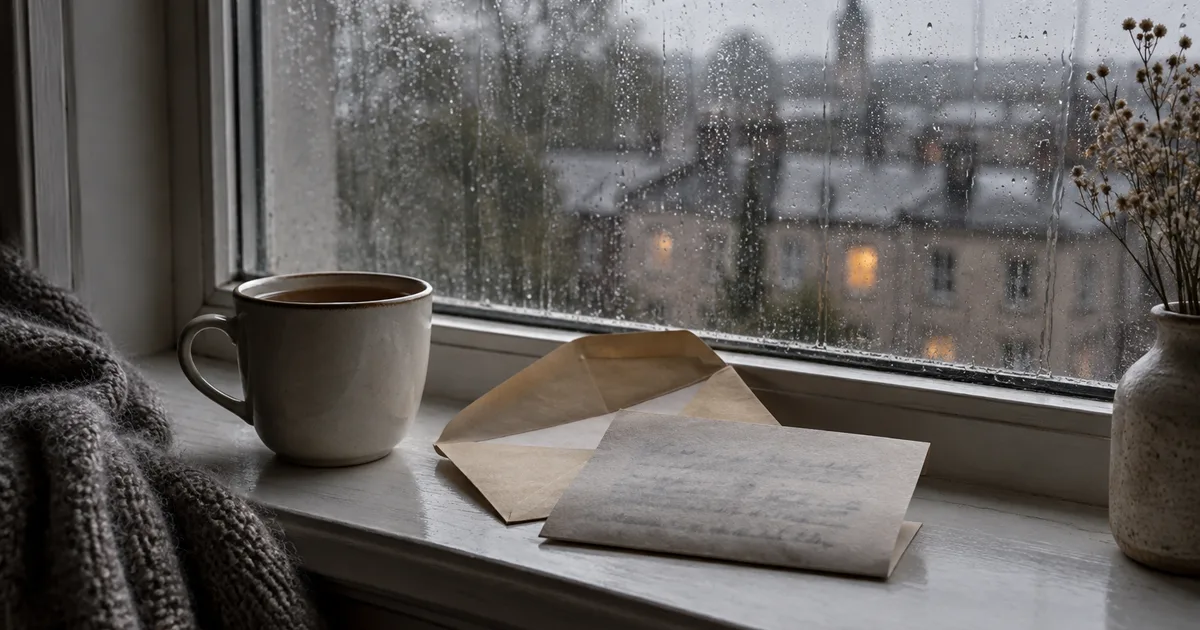 A single opened envelope and a folded letter with illegible type on a rain-streaked apartment windowsill on a grey afternoon, a cup of tea going cold beside