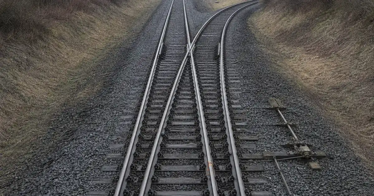 A single set of railway points where one track continues straight ahead and a second curves away, photographed in flat overcast light from a footbridge above