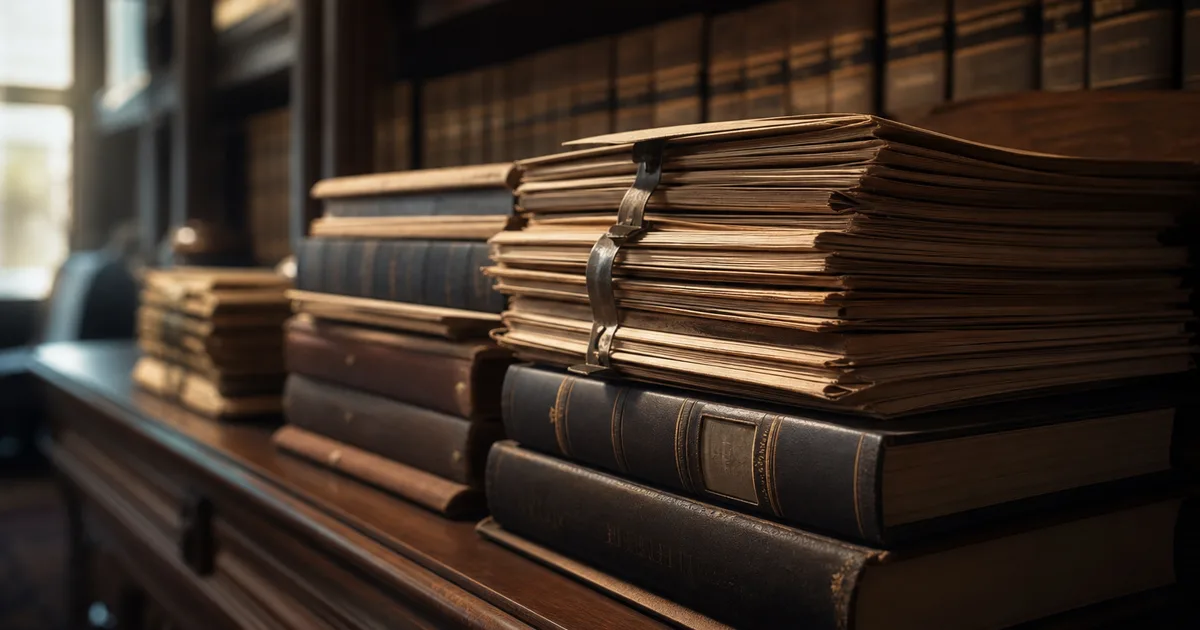 Stacked manila folders and legal binders on a wooden library shelf in low warm light, depth of field blurring rows behind the nearest stack