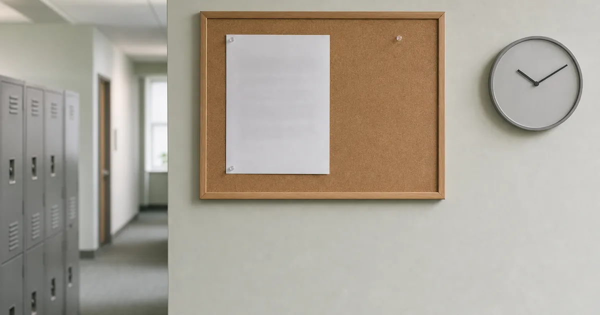 A blank sheet pinned to an office noticeboard beside a wall clock in an empty corridor, soft neutral daylight, quiet and procedural, no readable text