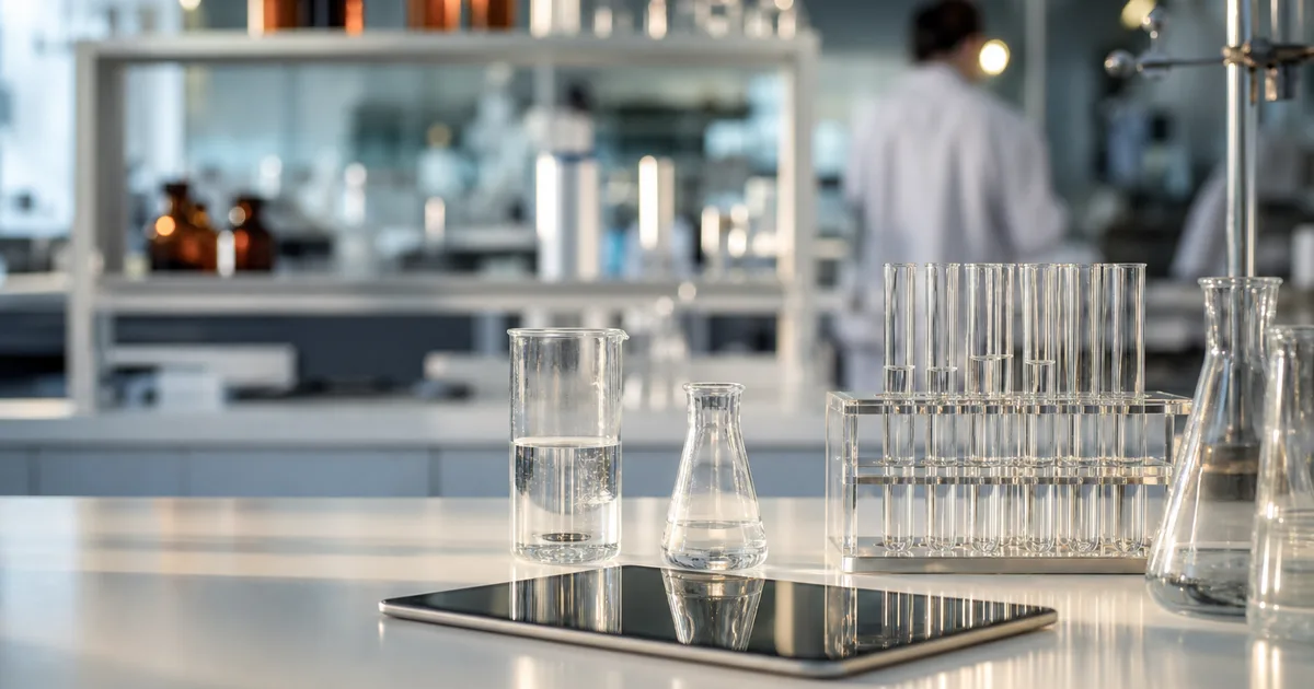 A pharmaceutical R&D lab with glassware and a tablet device on spotless white surfaces, soft even light