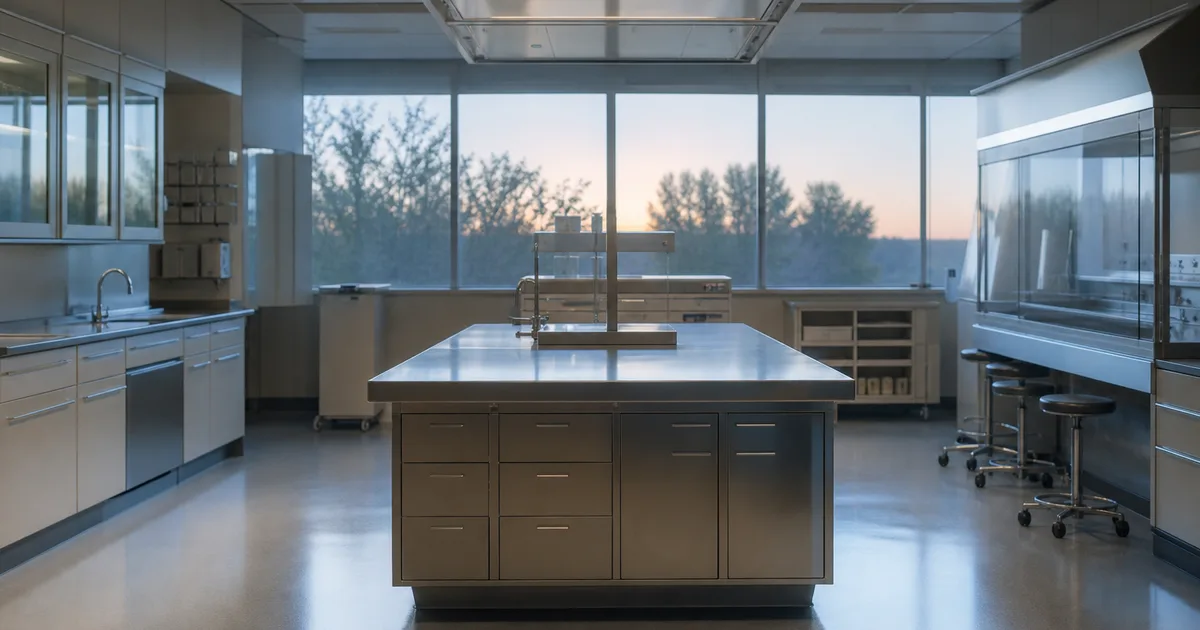 An empty hospital pharmacy compounding room at early morning, steel counters and soft overhead light