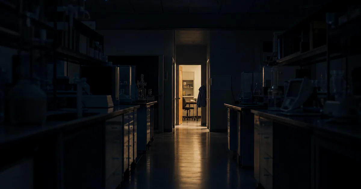 A university research lab at night, dark benches and one lit doorway at the far end of the room