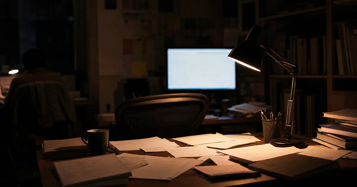Graduate student studying late at night at a university library desk surrounded by research papers and a laptop