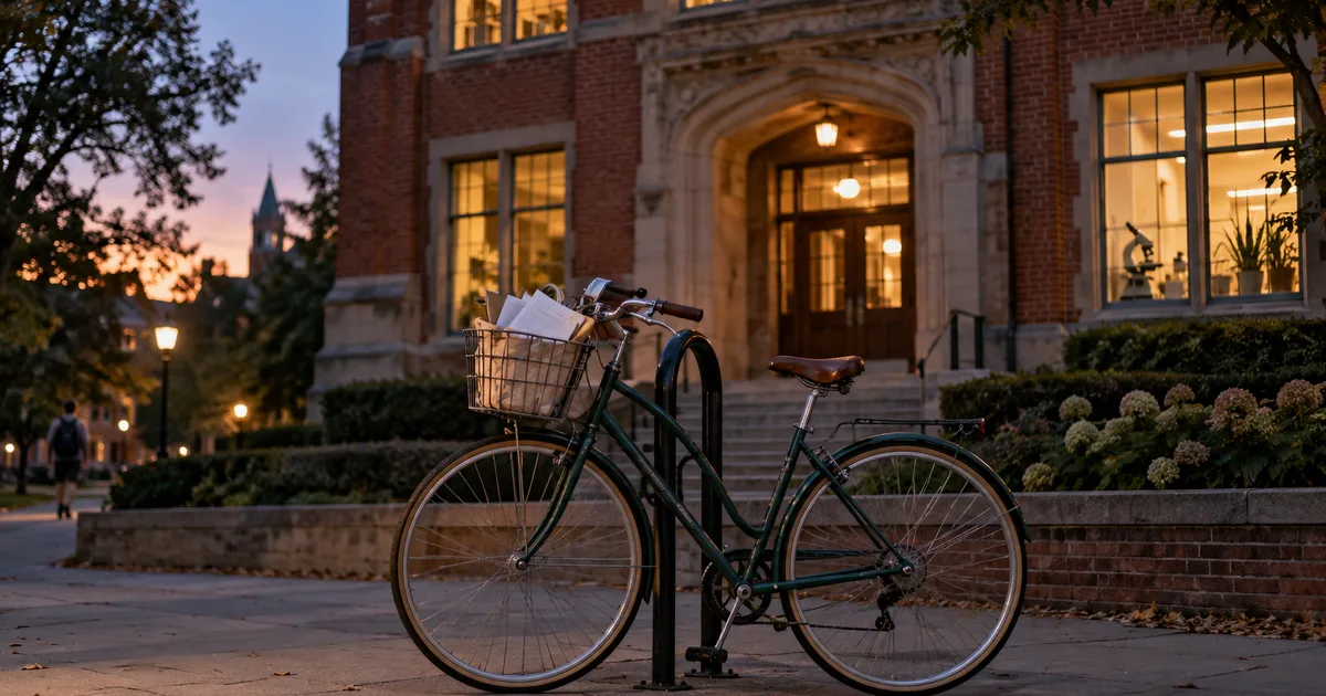 A graduate student's bicycle locked outside a brick science building at dusk, a canvas bag of papers in the front basket, warm lit windows above