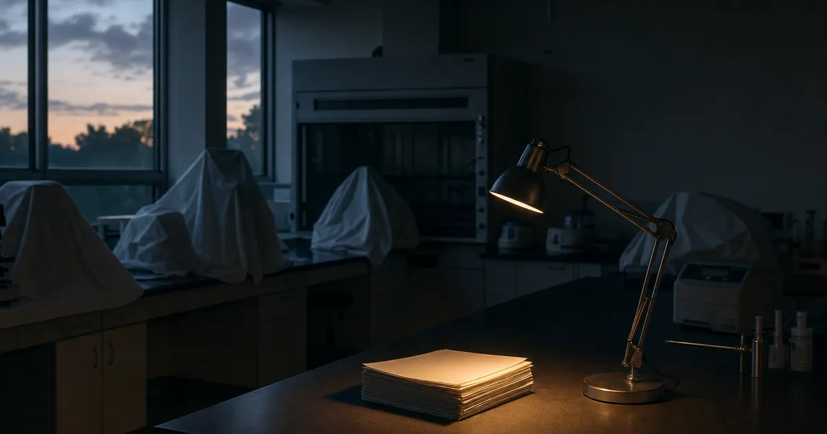 A graduate student standing in a university research lab reviewing documents at a bench lined with scientific equipment