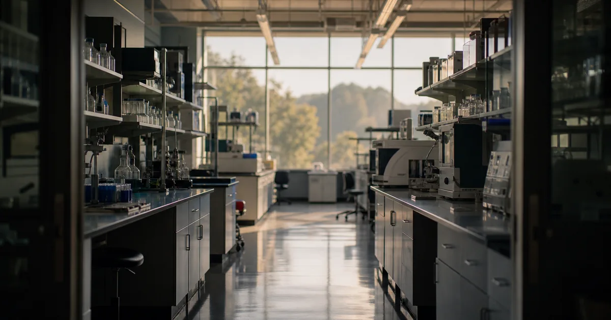 A wide university research laboratory filled with scientific equipment and empty workbenches, illuminated by large windows at one end, photographed from the