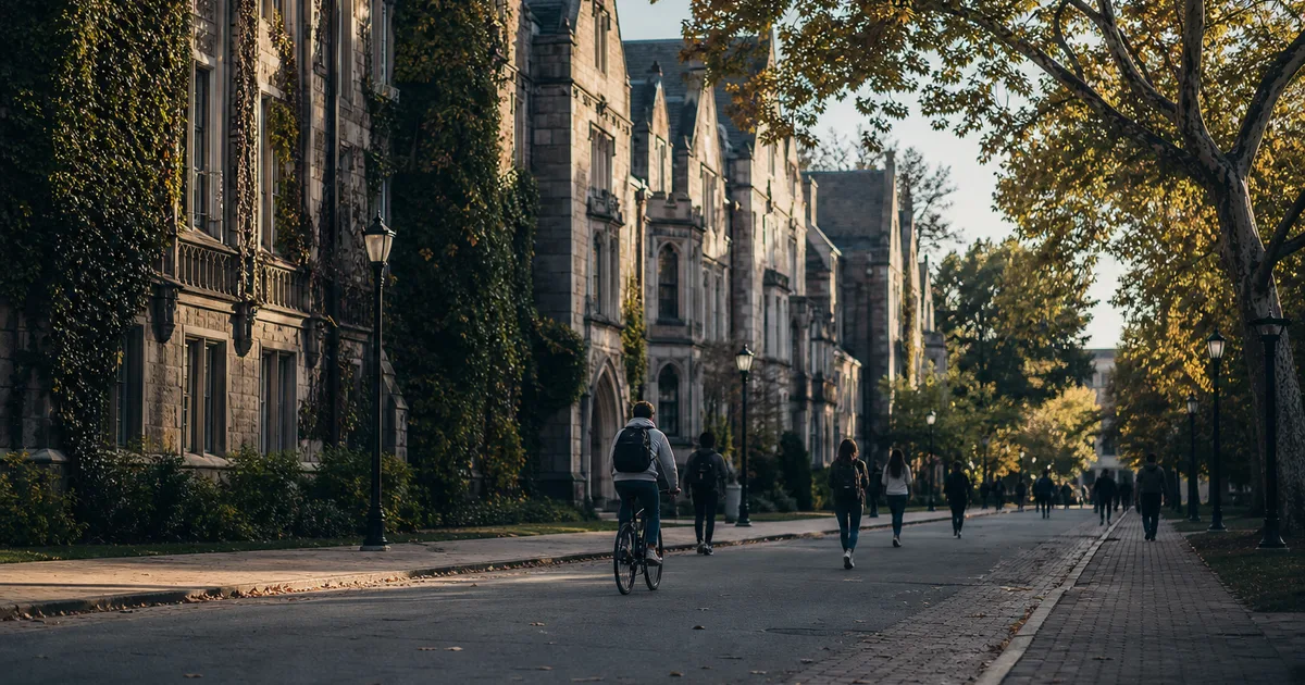 University City Philadelphia streetscape in late afternoon, ivy-covered collegiate stone buildings lining a wide tree-lined boulevard with students and