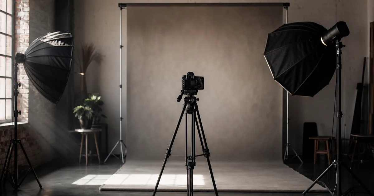 A photographer studio with a camera on a tripod, soft lighting umbrellas and a backdrop, moody creative light, no people
