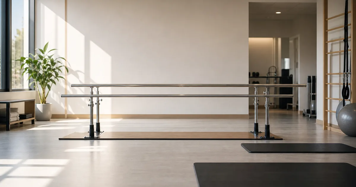 A physical therapy clinic gym at midday, parallel bars and empty exercise mats lit by soft window light