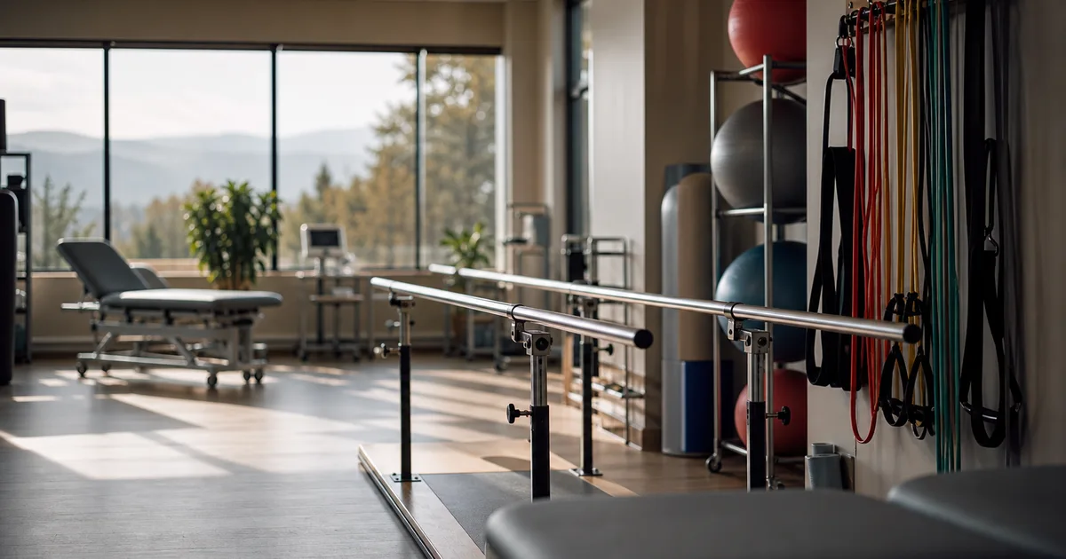 A sunlit physical therapy gym with rehab equipment, parallel bars, exercise balls and resistance bands neatly arranged, no people