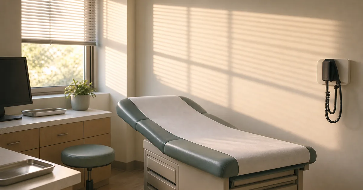 An empty outpatient clinic exam room at day's end, with a rolling stool, a blood pressure cuff on the wall and low warm light through a half-open blind