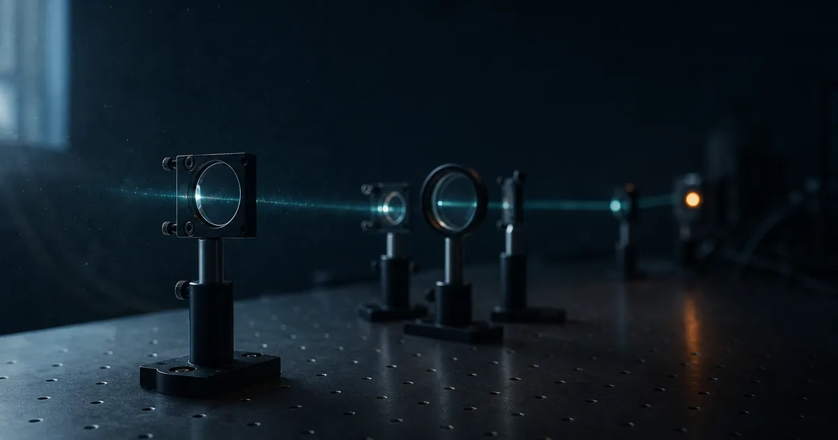 An optics bench in a darkened research lab with mounted mirrors and a soft beam path traced through the air, cool blue light, shallow focus, no people