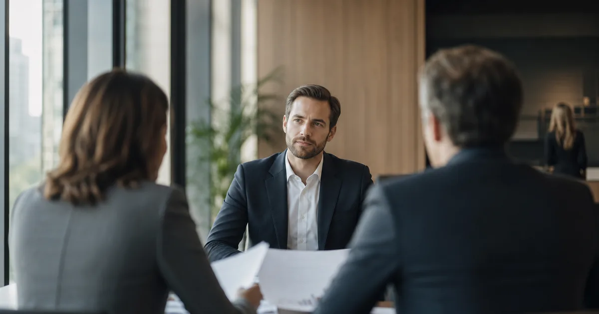 A professional sitting across a conference table from two colleagues reviewing documents in a brightly lit modern office meeting room
