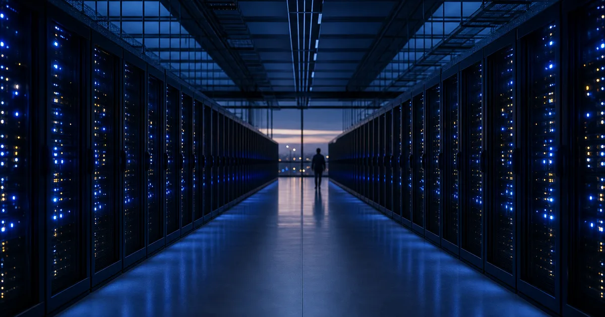 A software engineer studying a terminal dashboard on a large monitor in a dimly lit open office with server racks visible in the background