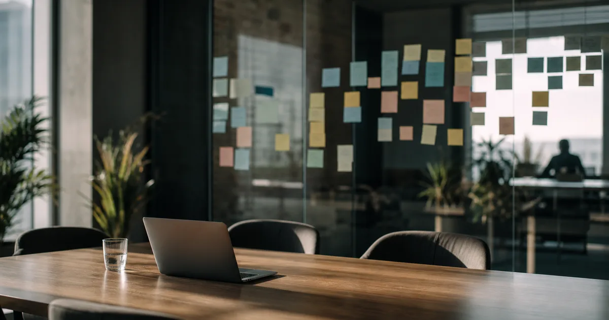 A creative desk with a laptop showing a blurred portfolio website, a camera and notebook, warm branded light