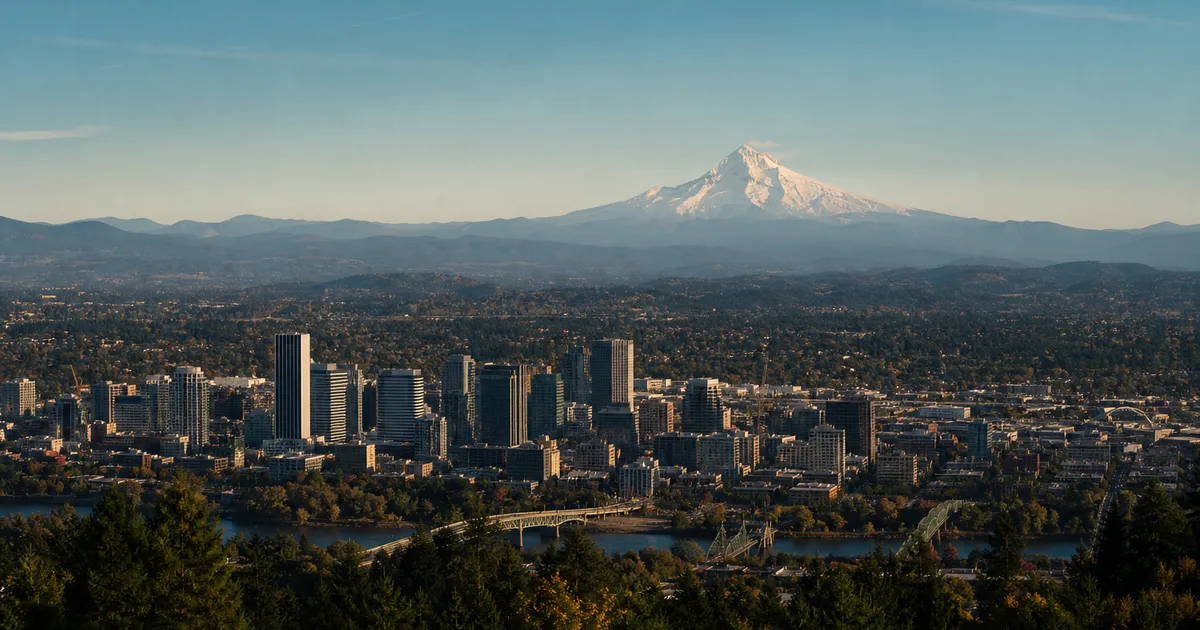 Portland cityscape viewed from the west hills on a clear day, Mount Hood snowcapped and prominent on the eastern horizon above a compact downtown of bridges