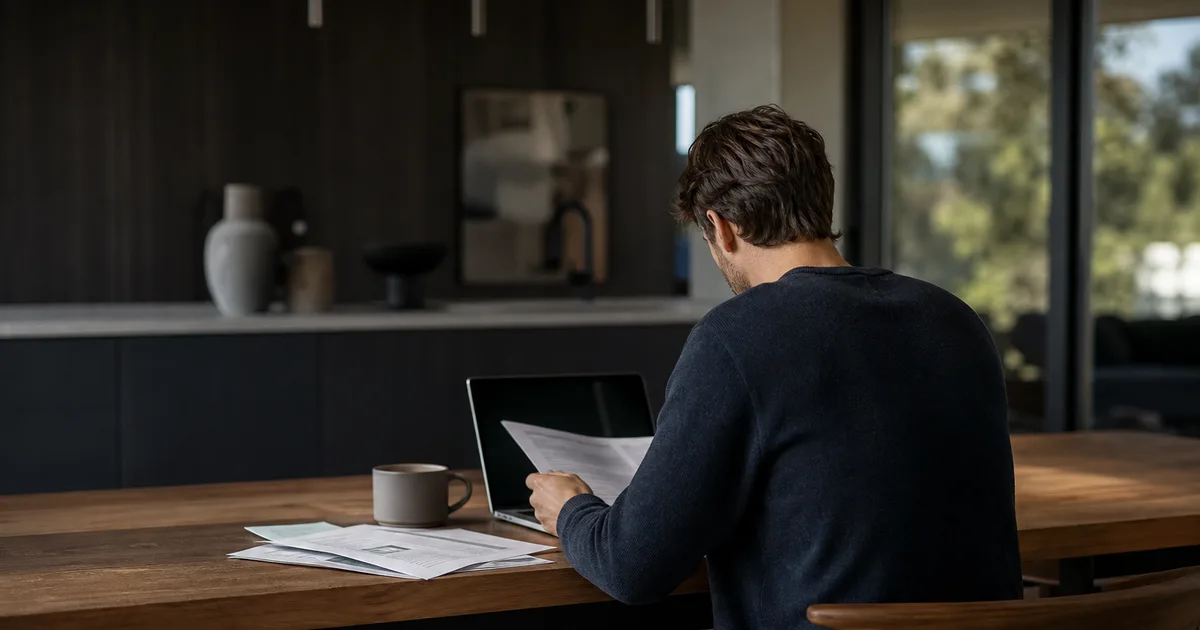 A person reviewing printed documents at a kitchen table, cross-referencing information on a laptop, cup of coffee nearby, focused and deliberate atmosphere