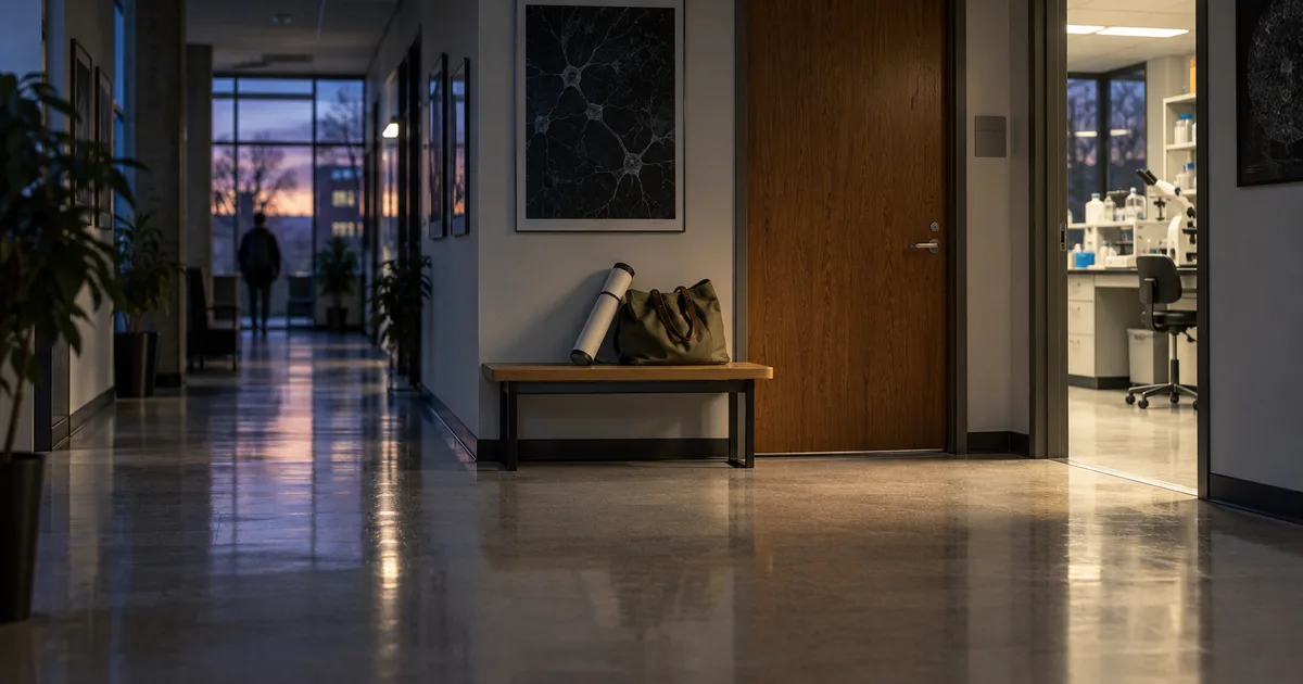 A quiet university research corridor at dusk, a closed wooden office door beside a bench holding a poster tube and a canvas bag, fluorescent light spilling