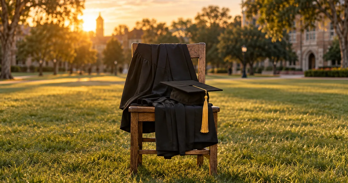 A folded graduation gown and mortarboard draped over a wooden chair on an empty campus lawn at golden hour, a single tassel catching the light